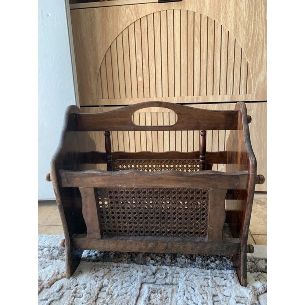 Wooden Magazine Rack with Woven Cane Panels